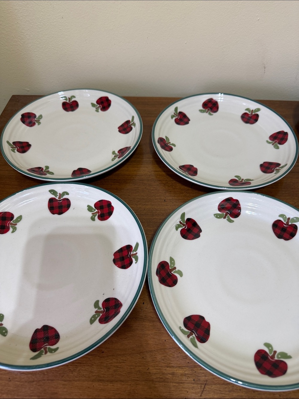 Plaid Apple Ceramic Dinner Plates with Green Trim (Set of 4)